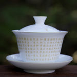 Jingdezhen Sweet White Porcelain Gold Filigree Style Gaiwan and Teacup Set Buddhist Scriptures