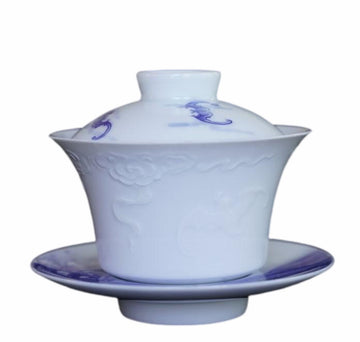 Jingdezhen Treasure Ying Qing Porcelain Artisan Carved Gaiwan Five Happiness