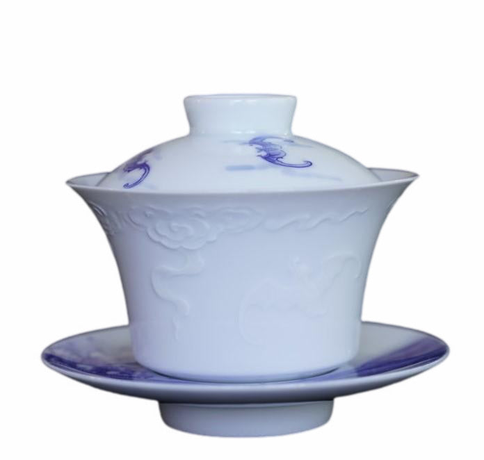 Jingdezhen Treasure Ying Qing Porcelain Artisan Carved Gaiwan Five Happiness