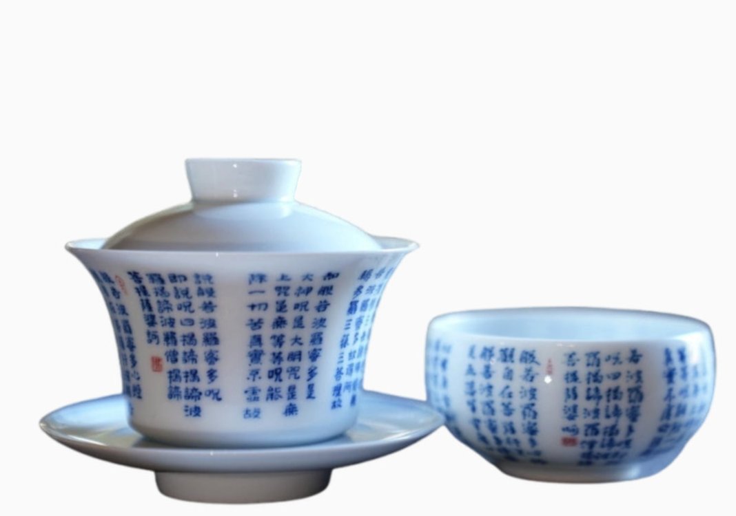 Jingdezhen Treasure Yingqing Porcelain Gaiwan Set Buddhist Scriptures