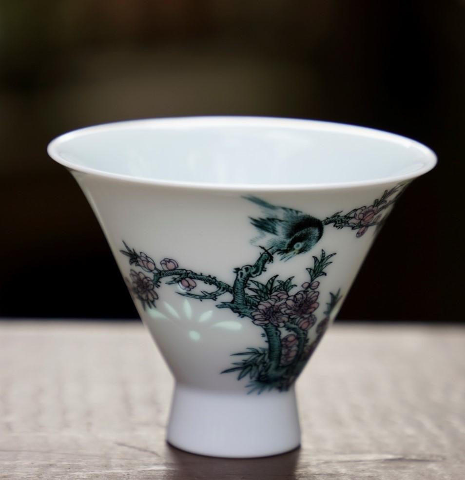 Jingdezhen Wucai Falang High Profile Teacup Magpie Chirping Spring
