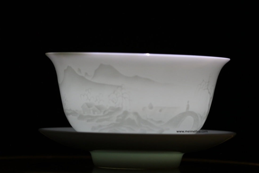 Jingdezhen Artisan Yingqing White Porcelain Gaiwan Tea Set Engraved Landscape