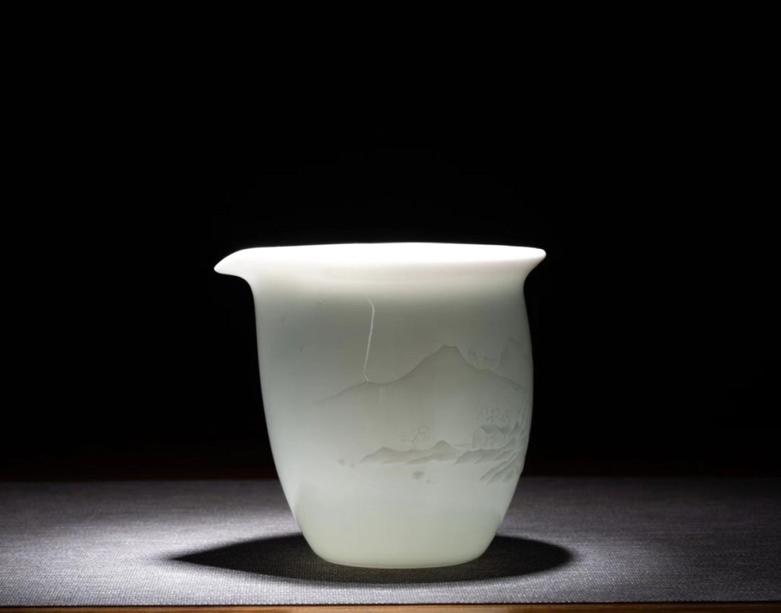Jingdezhen Artisan Yingqing White Porcelain Gaiwan Tea Set Engraved Landscape