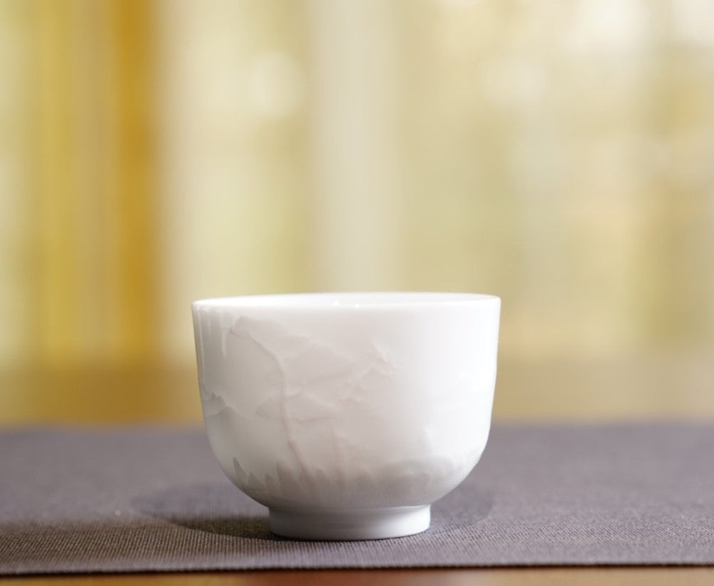 Jingdezhen Artisan Yingqing White Porcelain Gaiwan Tea Set Engraved Landscape
