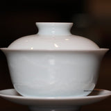 Jingdezhen Artisan Yingqing White Porcelain Gaiwan Tea Set Engraved Landscape