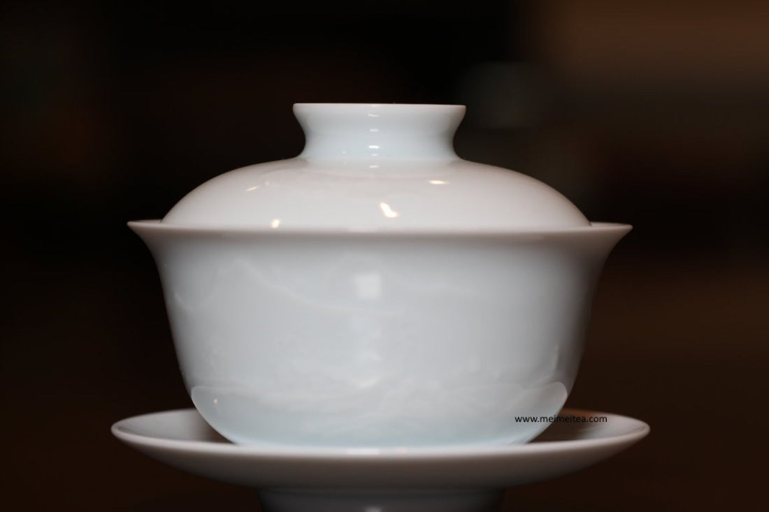 Jingdezhen Artisan Yingqing White Porcelain Gaiwan Tea Set Engraved Landscape