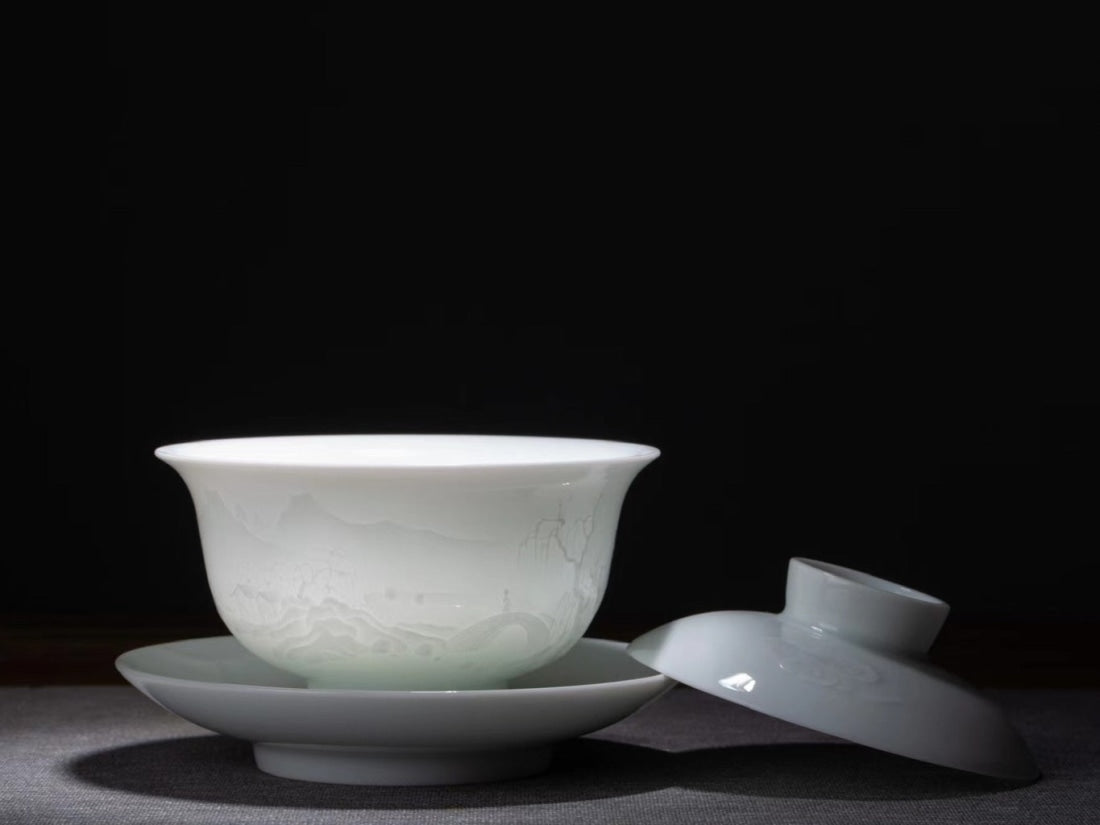 Jingdezhen Artisan Yingqing White Porcelain Gaiwan Tea Set Engraved Landscape