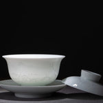 Jingdezhen Artisan Yingqing White Porcelain Gaiwan Tea Set Engraved Landscape