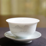 Jingdezhen Artisan Yingqing White Porcelain Gaiwan Tea Set Engraved Landscape