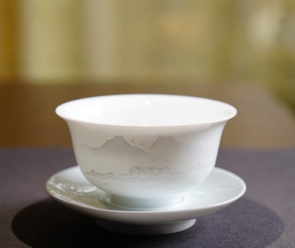 Jingdezhen Artisan Yingqing White Porcelain Gaiwan Tea Set Engraved Landscape
