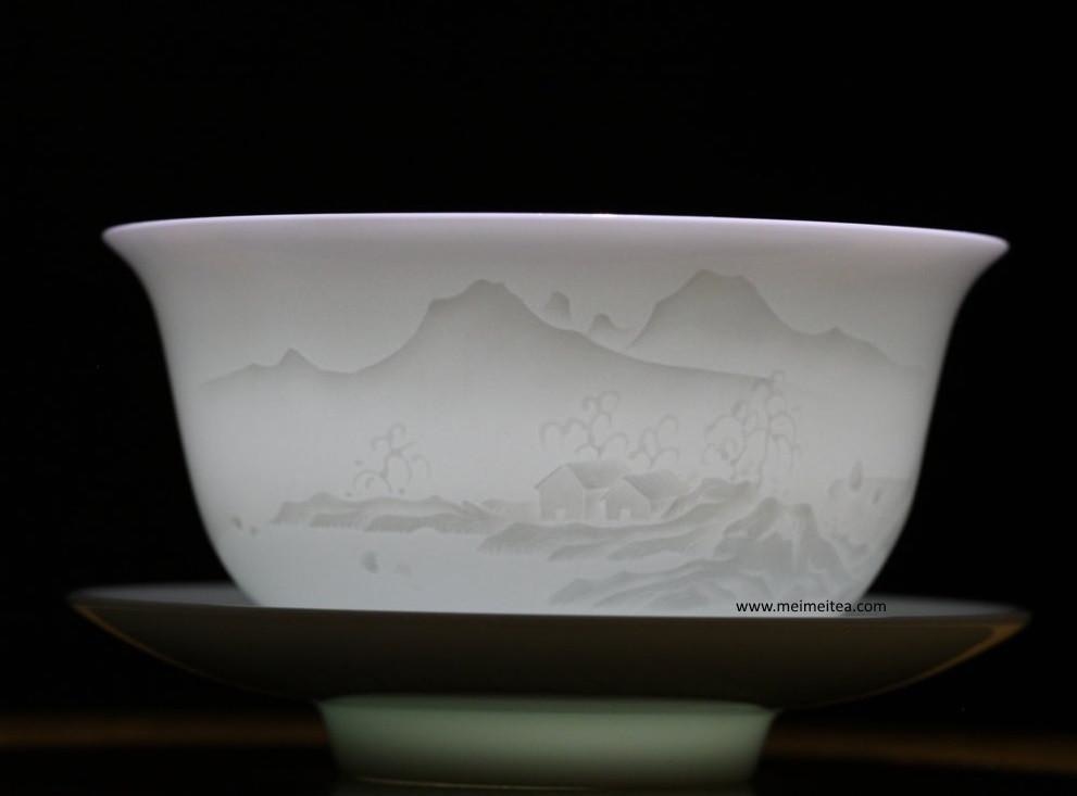 Jingdezhen Artisan Yingqing White Porcelain Gaiwan Tea Set Engraved Landscape