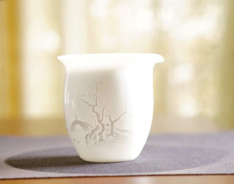 Jingdezhen Artisan Yingqing White Porcelain Gaiwan Tea Set Engraved Landscape