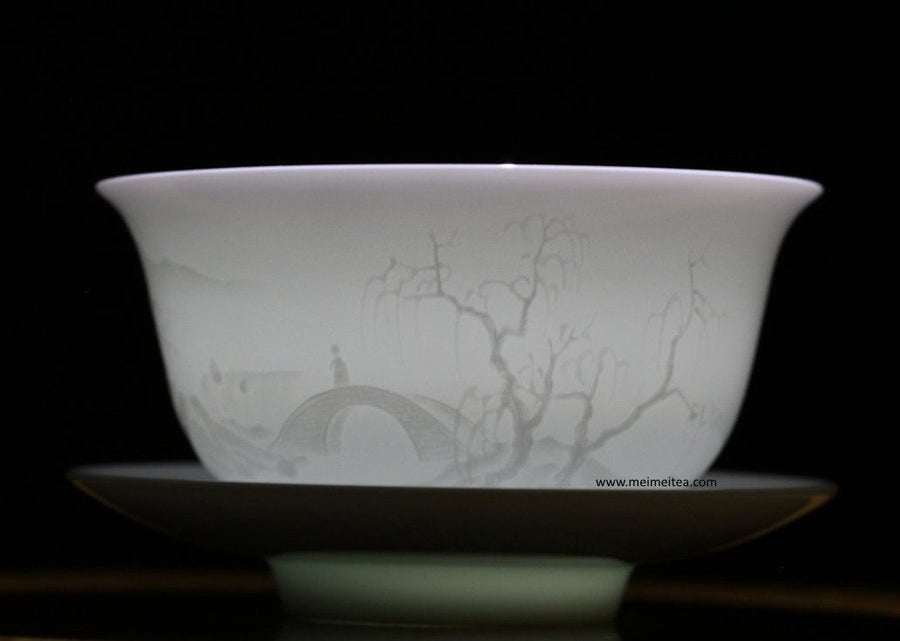 Jingdezhen Artisan Yingqing White Porcelain Gaiwan Tea Set Engraved Landscape
