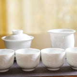 Jingdezhen Artisan Yingqing White Porcelain Gaiwan Tea Set Engraved Landscape