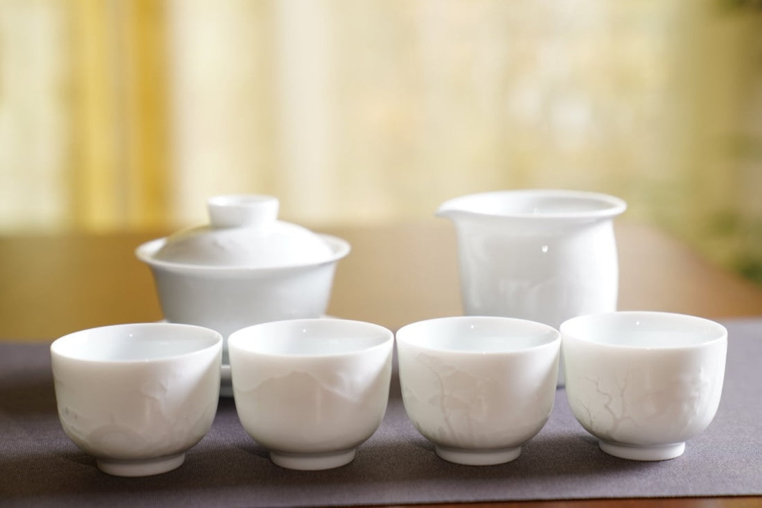 Jingdezhen Artisan Yingqing White Porcelain Gaiwan Tea Set Engraved Landscape