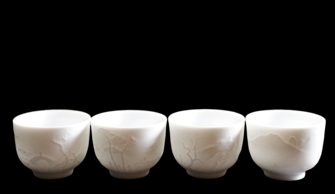 Jingdezhen Artisan Yingqing White Porcelain Gaiwan Tea Set Engraved Landscape