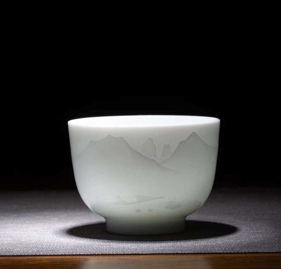 Jingdezhen Artisan Yingqing White Porcelain Gaiwan Tea Set Engraved Landscape