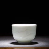 Jingdezhen Artisan Yingqing White Porcelain Gaiwan Tea Set Engraved Landscape