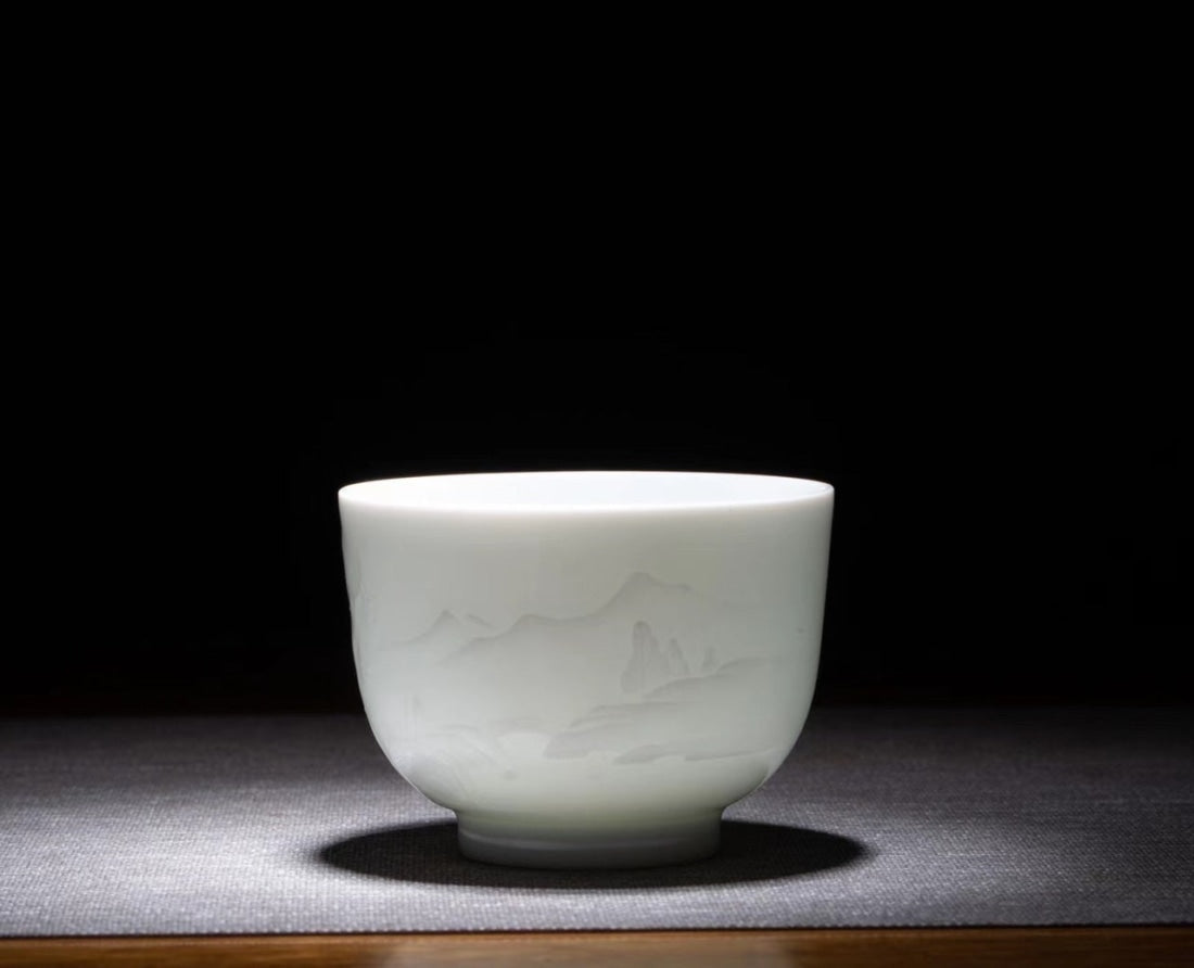 Jingdezhen Artisan Yingqing White Porcelain Gaiwan Tea Set Engraved Landscape