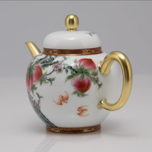 Masterpiece Gold-Plated Enamel Porcelain Teapot Longevity Peach