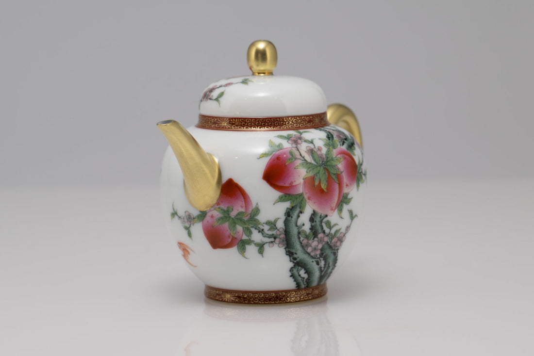 Masterpiece Gold-Plated Enamel Porcelain Teapot Longevity Peach