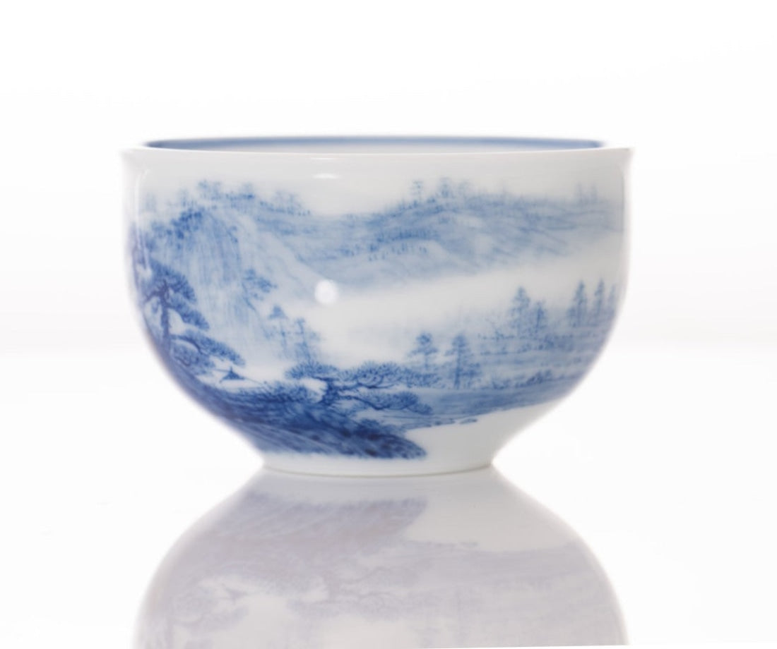 Masterpiece Jingdezhen Blue and White Porcelain Tea Bowl Distant Mountain Landscape