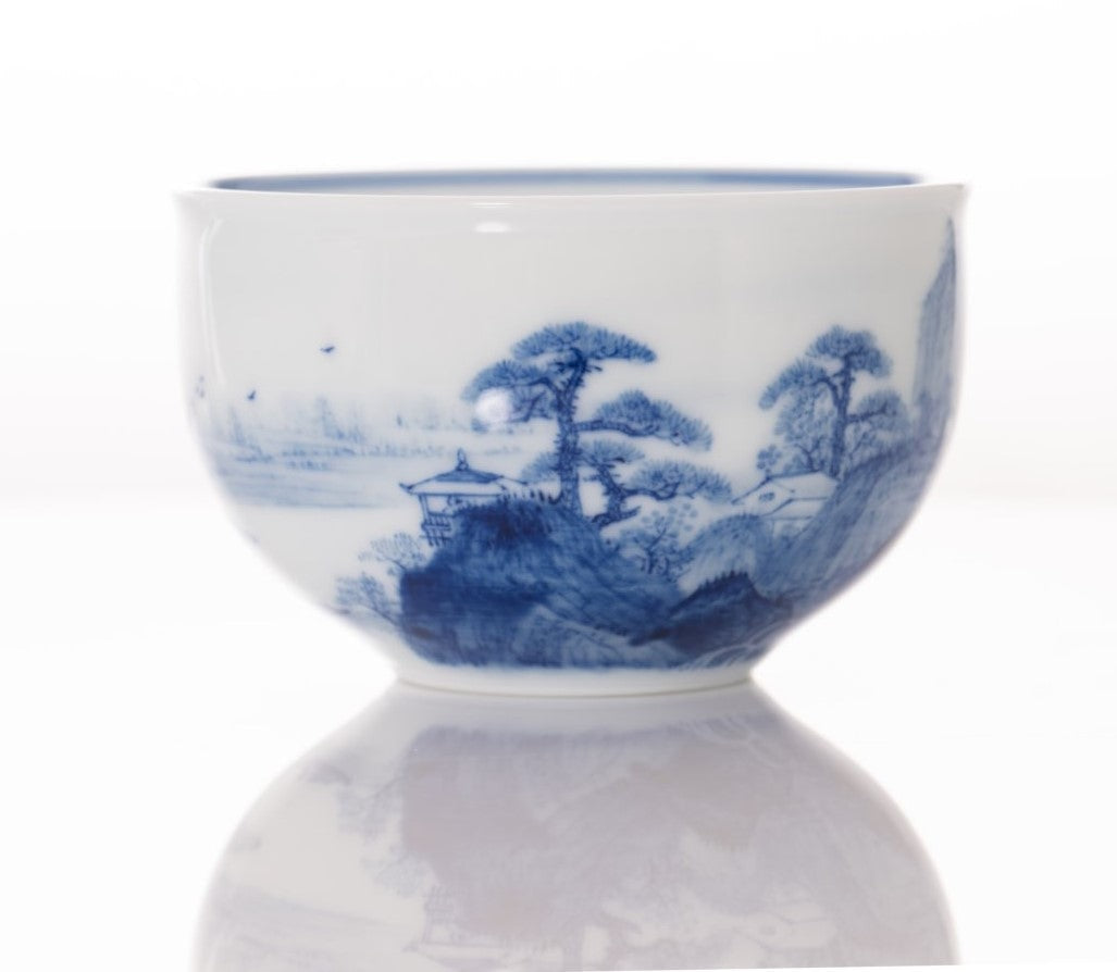 Masterpiece Jingdezhen Blue and White Porcelain Tea Bowl Distant Mountain Landscape