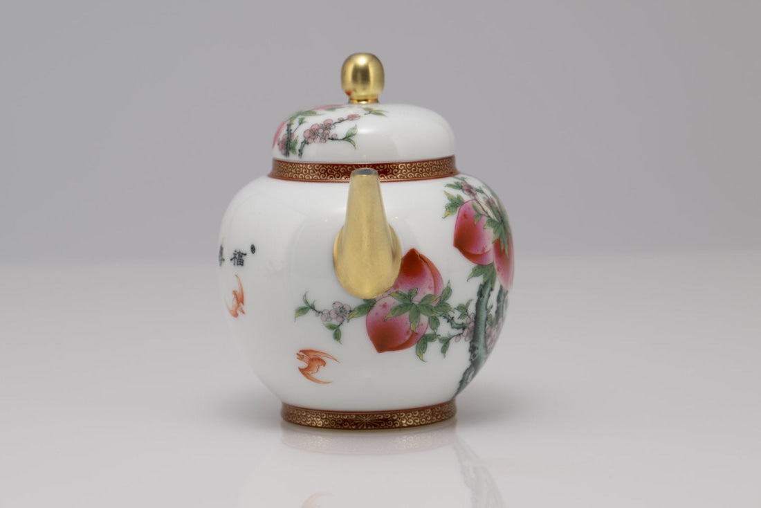 Masterpiece Gold-Plated Enamel Porcelain Teapot Longevity Peach