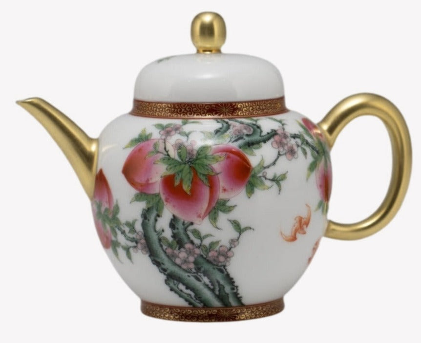 Masterpiece Gold-Plated Enamel Porcelain Teapot Longevity Peach