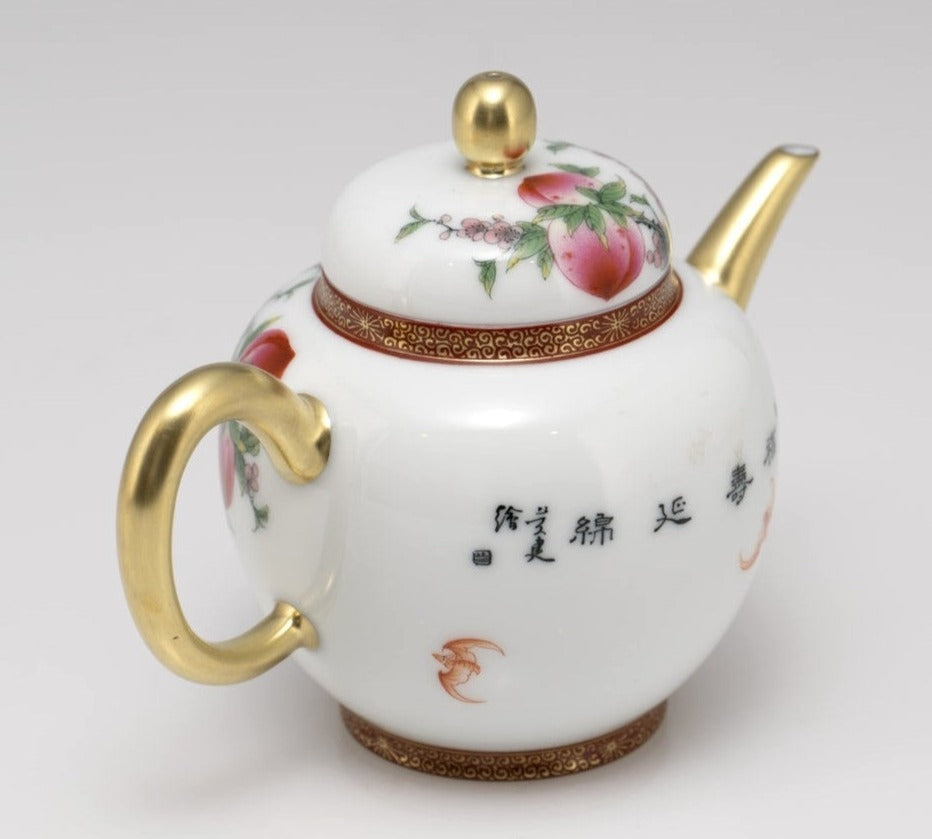 Masterpiece Gold-Plated Enamel Porcelain Teapot Longevity Peach