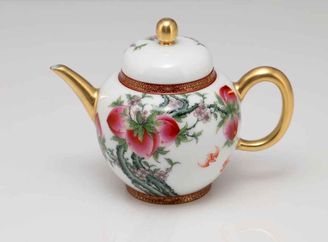 Masterpiece Gold-Plated Enamel Porcelain Teapot Longevity Peach
