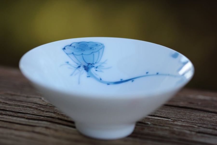 Tea Ware - Porcelain Bowl Hat Tea Cup Hand-painted Fish and Lotus Pair