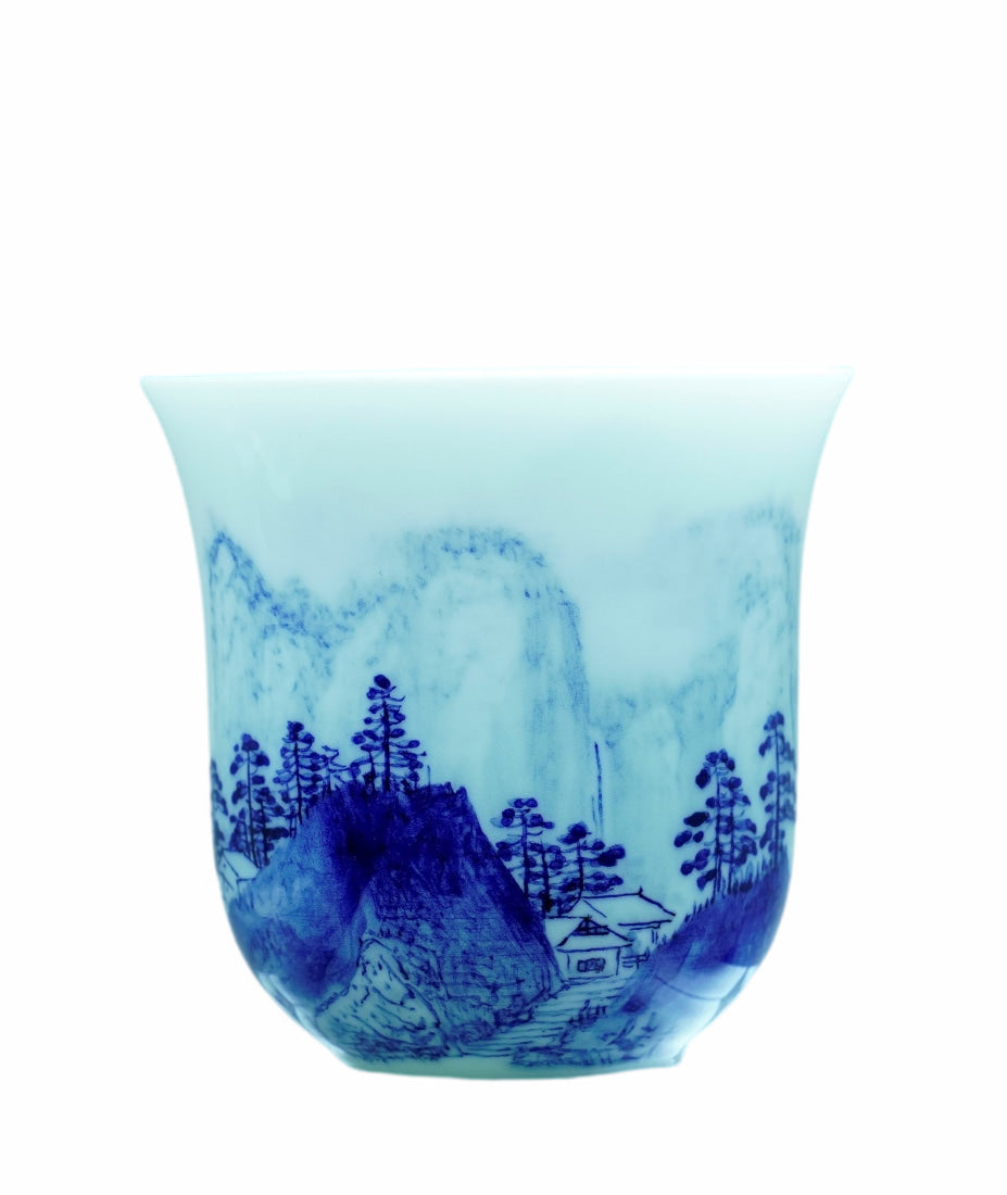 Treasure Blue and White Porcelain Tea Cup Distant Mountain Painting 120ml