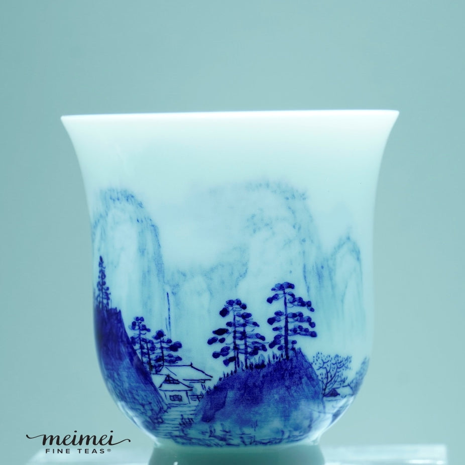 Treasure Blue and White Porcelain Tea Cup Distant Mountain Painting 120ml