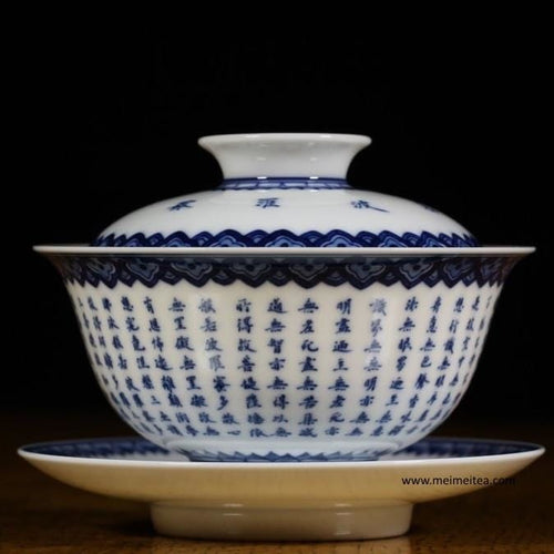 Jingdezhen Blue and White Porcelain Gaiwan Heart Sutra Scriptures