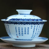 Jingdezhen Blue and White Porcelain Gaiwan Heart Sutra Scriptures