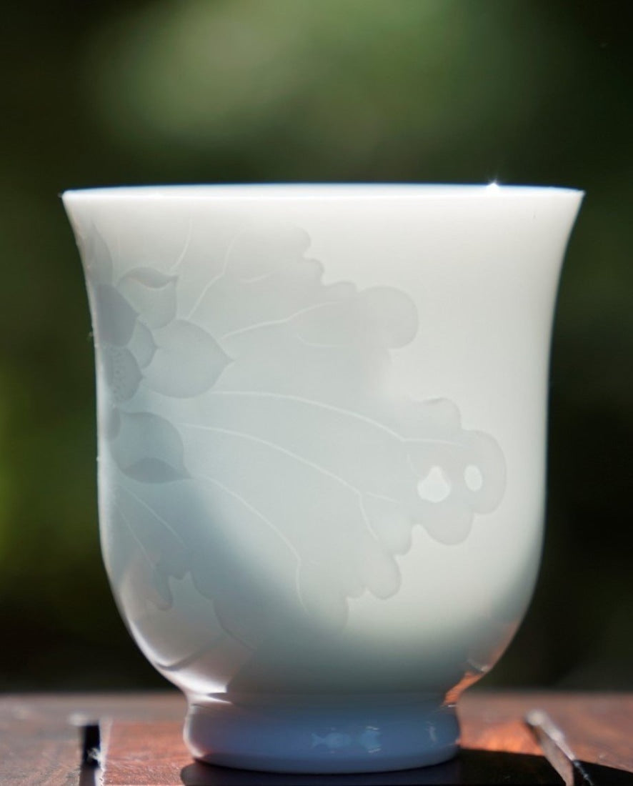 Jingdezhen White Porcelain Teacup Bell Shape Lotus Relief