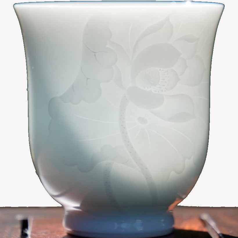 Jingdezhen White Porcelain Teacup Bell Shape Lotus Relief