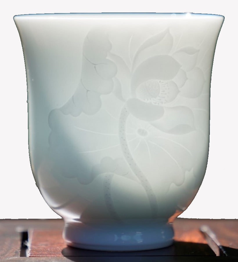 Jingdezhen White Porcelain Teacup Bell Shape Lotus Relief