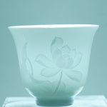 Jingdezhen White Porcelain Teacup Bell Shape Lotus Relief