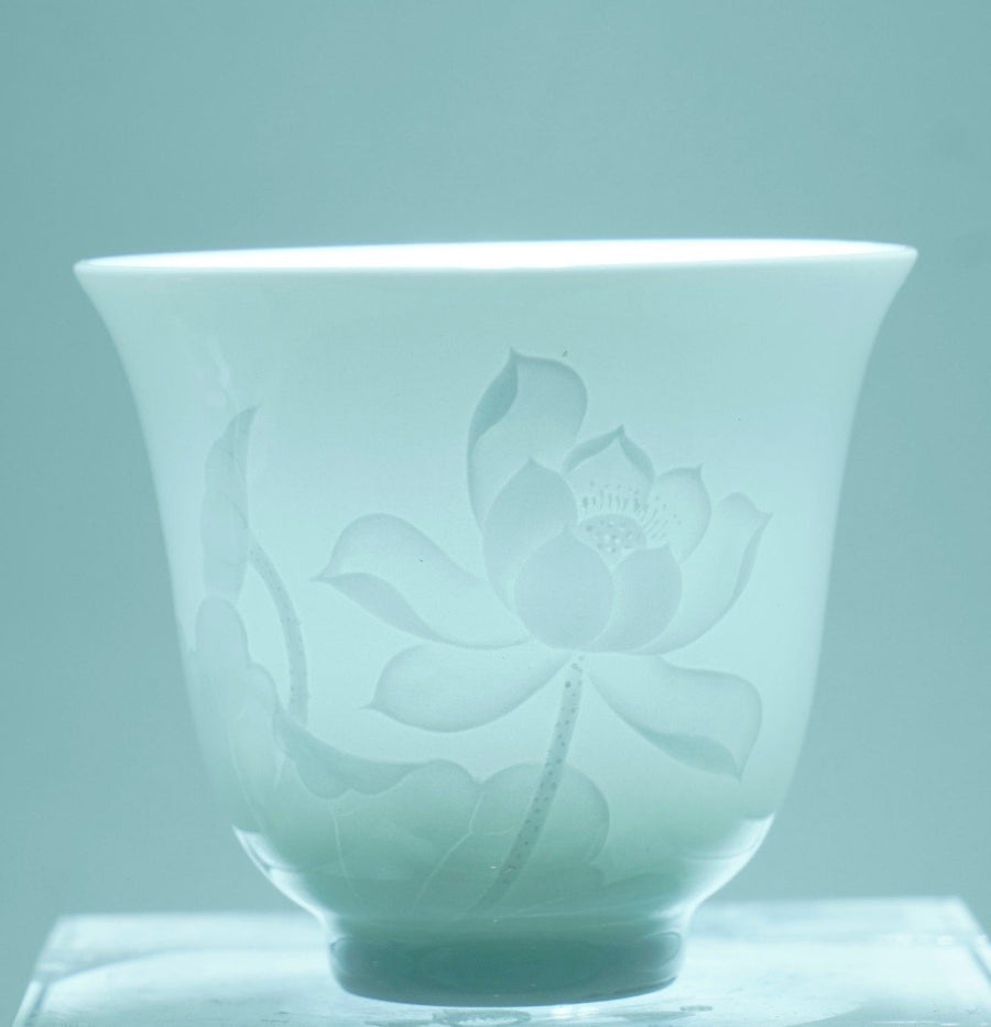 Jingdezhen White Porcelain Teacup Bell Shape Lotus Relief