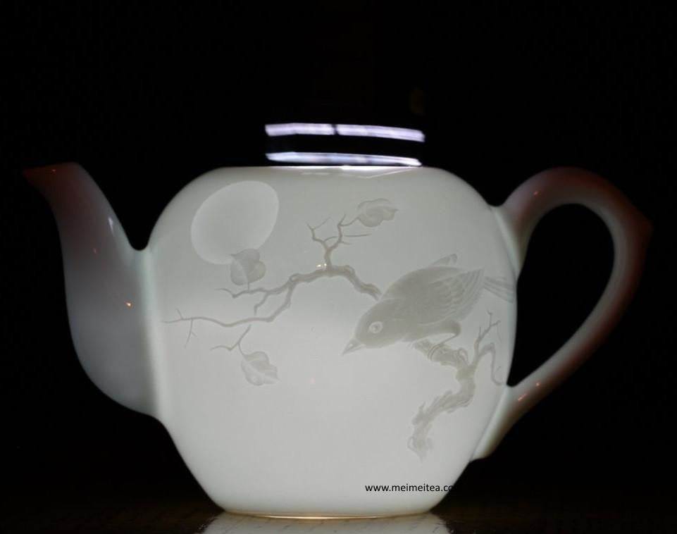 Treasure Jingdezhen White Porcelain Teapot Bird and Moon Relief