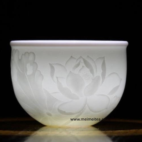 Treasure White Porcelain Teacup Elaborate Lotus Flower Relief