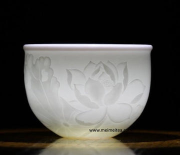 Tea Ware - Treasure White Porcelain Cup Elaborate Lotus Flower Relief