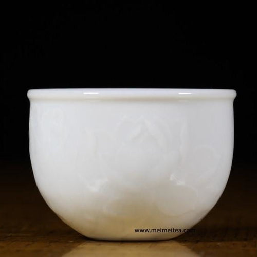 Treasure White Porcelain Teacup Elaborate Lotus Flower Relief