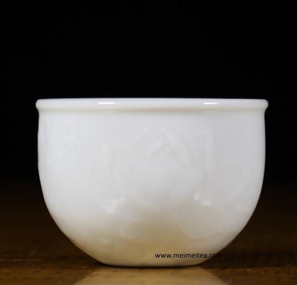 Tea Ware - Treasure White Porcelain Cup Elaborate Lotus Flower Relief