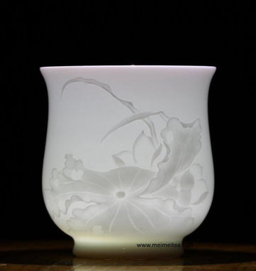 Tea Ware - Treasure White Porcelain Cup Elaborate Lotus Relief 90ml