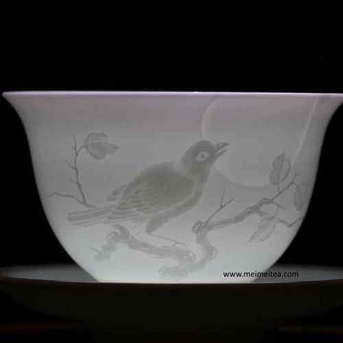 Treasure Jingdezhen White Porcelain Gaiwan Engraved Bird and Moon