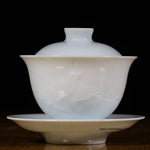 Treasure Jingdezhen White Porcelain Gaiwan Engraved Bird and Moon
