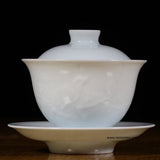 Treasure Jingdezhen White Porcelain Gaiwan Engraved Bird and Moon